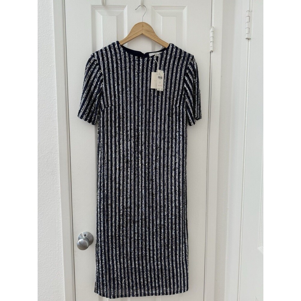 Anthropologie Flat White Short-Sleeve Sequin Stripe Midi Dress Size XS $148.00